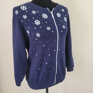 Cathy Daniels Navy Sweater with White beaded Flowers size M